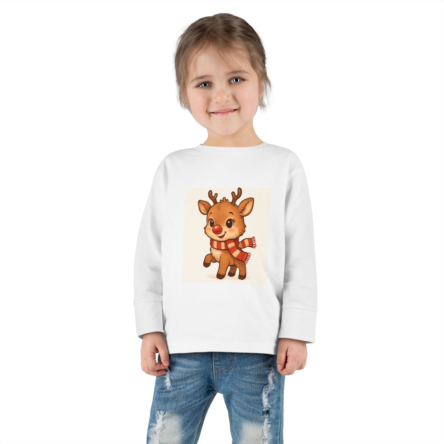 Cute Reindeer Toddler Long Sleeve Tee — Festive Christmas Baby Shirt with Scarf